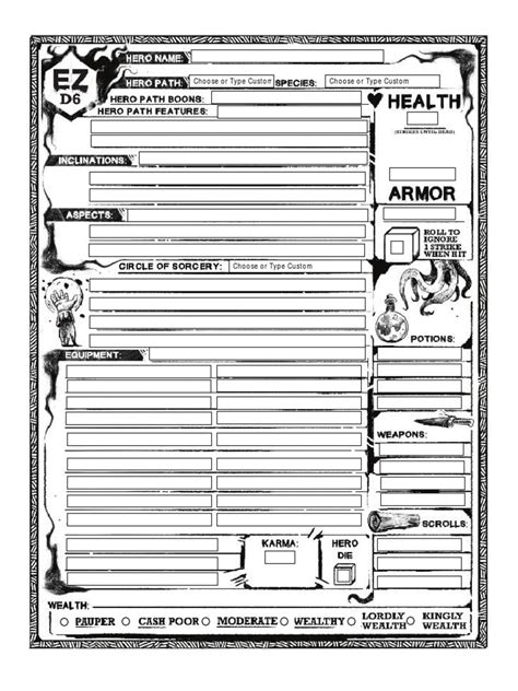 A rules-light D6 RPG system that puts creativity over complexity, but delivers a suprising amount of variation and mechanical wiggle. . Ezd6 character sheet